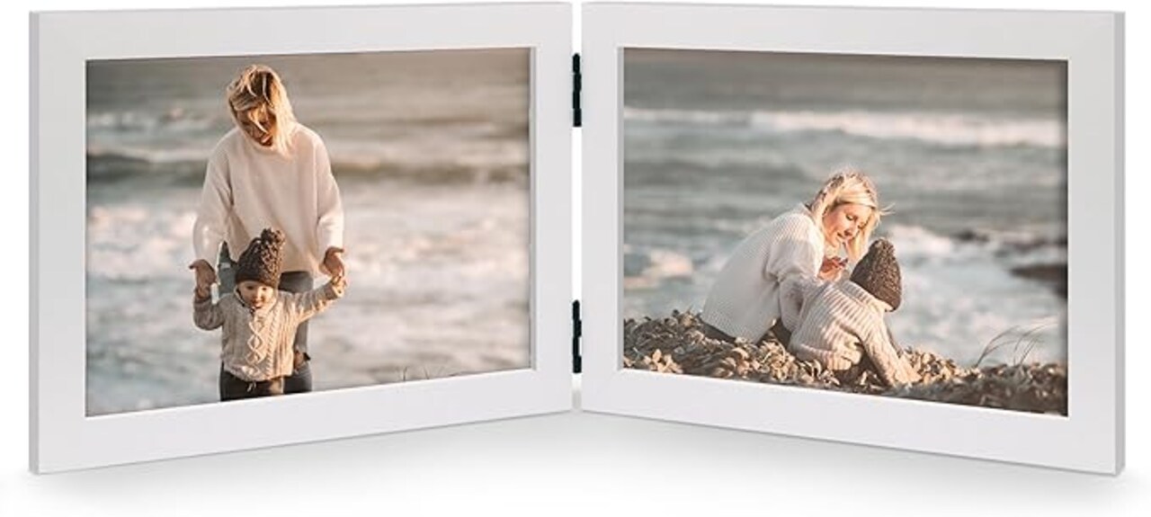 Double 5x7 Horizontal Picture Frame White Wood Foldable Photo Frame with Plexiglass Landscape Display for Tabletop or Wall Mount Home Decor